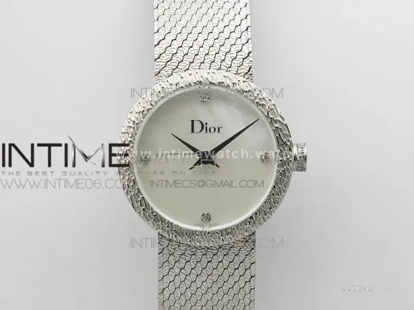 La D de dior Satine SS Case 8848F 1:1 Best Edition MOP White Dial on SS bracelet Swiss Quartz