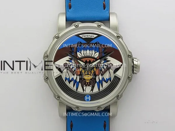 Hankham Indians SS on Blue Leather Strap MIYOTA 8215