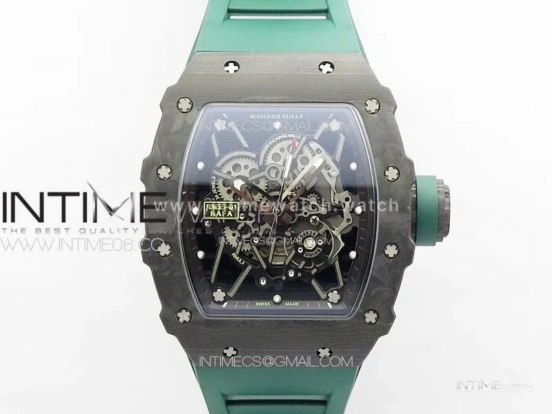 RM035-01 Forged Carbon Case KUF Best Edition Black Crown on Green Rubber Strap MIYOTA8215