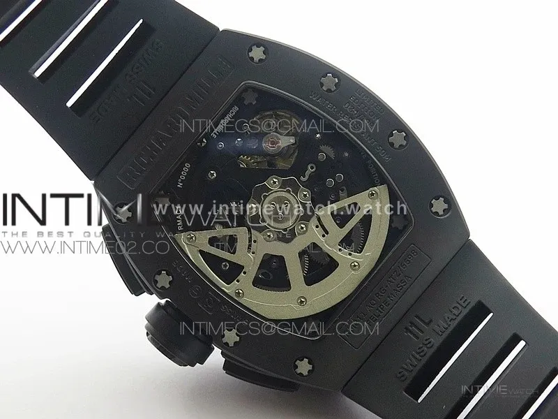 RM011 Carbon Case Chronograph KVF 1:1 Best Edition Ceramic Bezel Skeleton Dial on Black Rubber Strap A7750