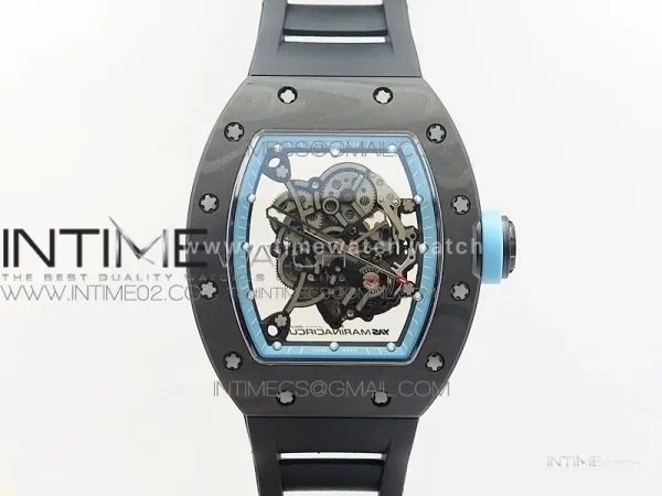 RM055 Carbon Case KVF Best Edition Carbon Bezel Skeleton Dial Blue Crown on black Rubber Strap MIYOTA8215