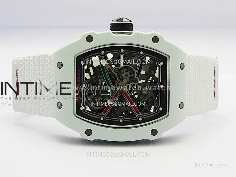 RM67-02 UAE White Ceramic Black Crown Umi Office 1:1 Beat Edition Black/Red/Green Skeleton Dial On White Strap CRMA7 Clone V2