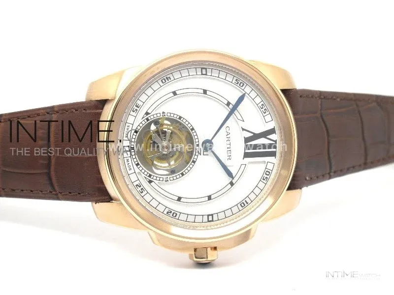 Calibre de RG Tourbillon White Dial on Brown Leather Strap