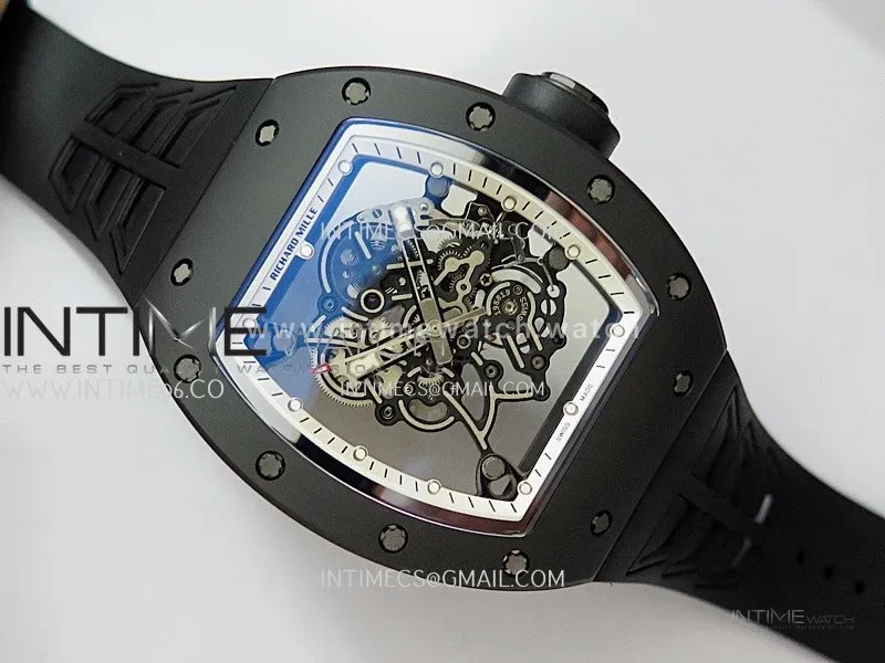 RM055 Black Case White Inner Bezel Umi Office 1:1 Best Edition Skeleton Dial Black Rubber Strap RMUL2 Super Clone (Free Sprung)