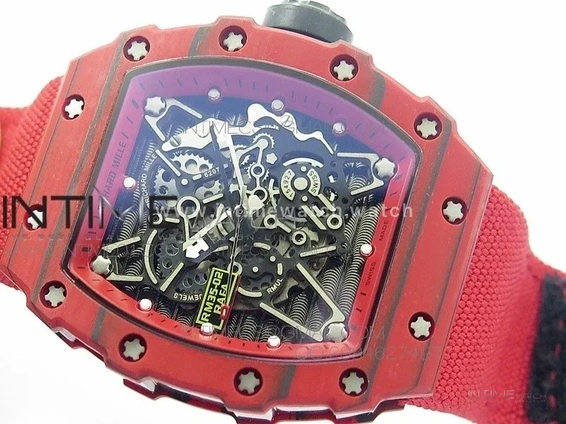 RM 035-2 Red Forged Carbon Red Inner Bezel Skeleton Dial on Red Nylon Strap MIYOTA9015