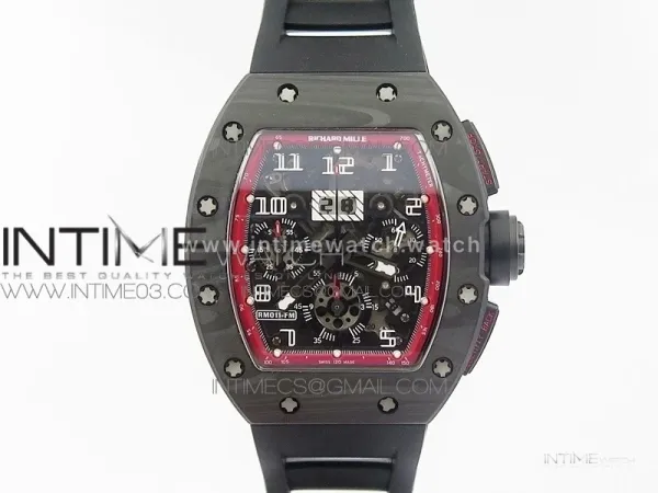 RM011 Carbon Case Chronograph KVF 1:1 Best Edition Carbon Case Bezel Skeleton Dial on Black Rubber Strap A7750