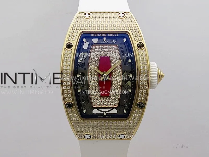 RM07 Full Paved Diamond RG ZF Best Edition Red Diamond Skeleton Dial On White Rubber Strap Asian CRMA2 Clone
