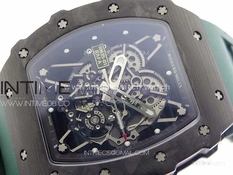 RM035-01 Forged Carbon Case KUF Best Edition Black Crown on Green Rubber Strap MIYOTA8215