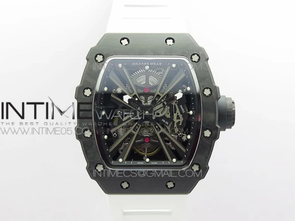RM12-1 Real Tourbillon Forge Carbon KVF Best Edition Skeleton Dial on White Rubber Strap