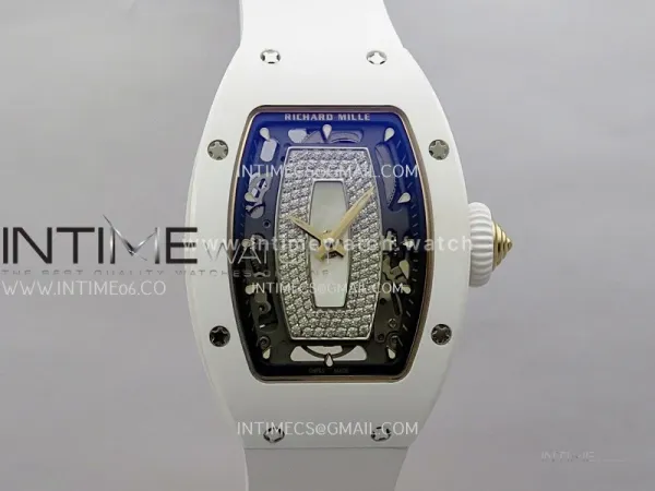 RM07 Real White Ceramic RG ZF Best Edition White MOP Diamond Skeleton Dial On White Rubber Strap Asian CRMA2 Clone