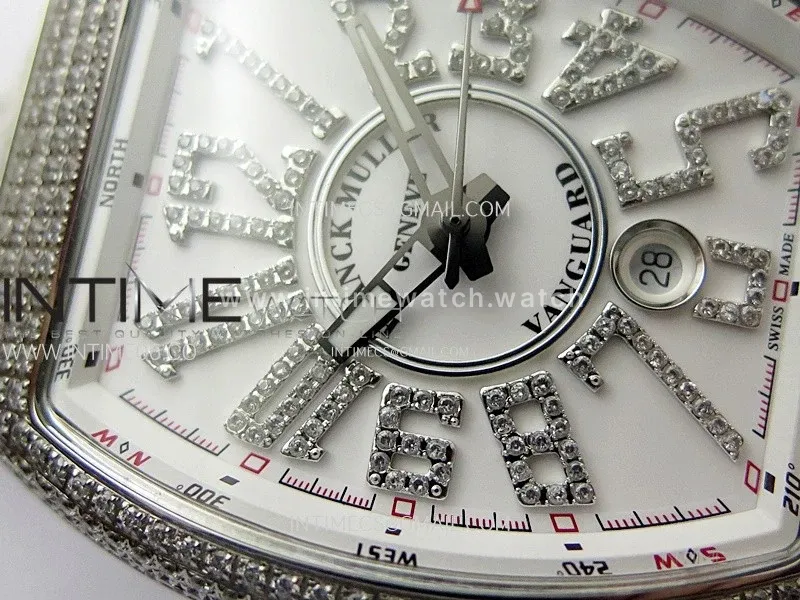 Vanguard V45 Full Diamonds ABF Best Edition White Dial Diamonds Markers On White Gummy Strap A2824
