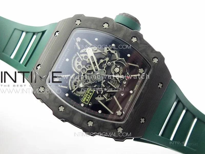 RM035-01 Forged Carbon Case KUF Best Edition Black Crown on Green Rubber Strap MIYOTA8215