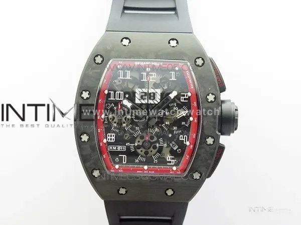 RM011 Carbon Case Carbon Bezel Chronograph KVF 1:1 Best Edition Skeleton Dial(Red Inner Bezel) on Black Rubber Strap A7750