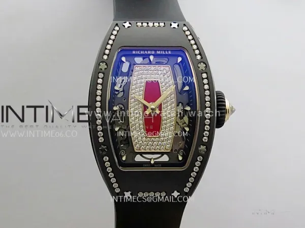 RM07 Real Black Ceramic Diamond Bezel YG ZF Best Edition Red MOP Diamond Skeleton Dial On Black Rubber Strap Asian CRMA2 Clone