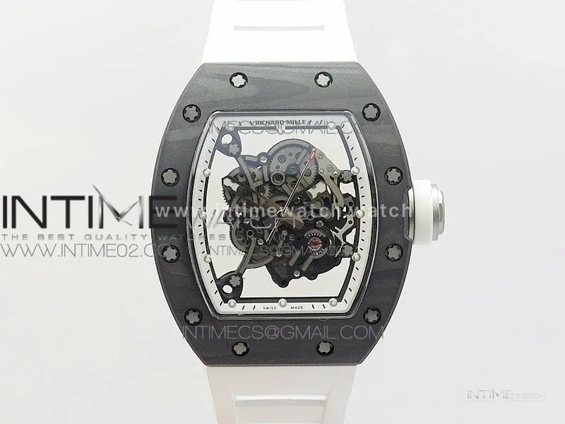 RM055 Ti Case KVF Best Edition Carbon Bezel Skeleton Dial White Crown on White Rubber Strap MIYOTA8215