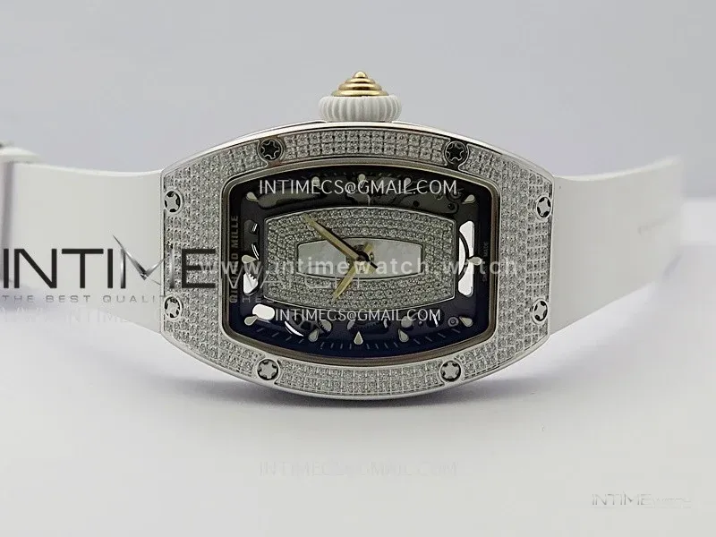 RM07 Full Paved Diamond SS ZF Best Edition White Diamond Skeleton Dial On White Rubber Strap Asian CRMA2 Clone