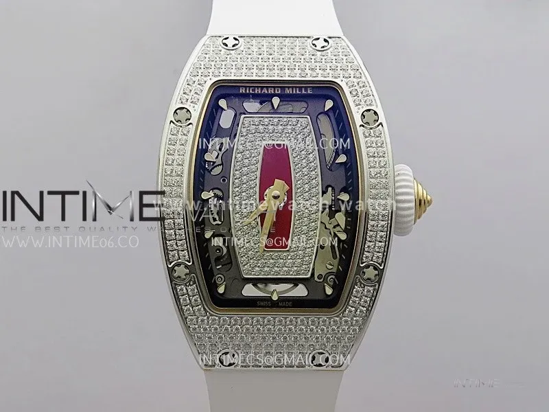 RM07 Full Paved Diamond SS ZF Best Edition Red Diamond Skeleton Dial On White Rubber Strap Asian CRMA2 Clone