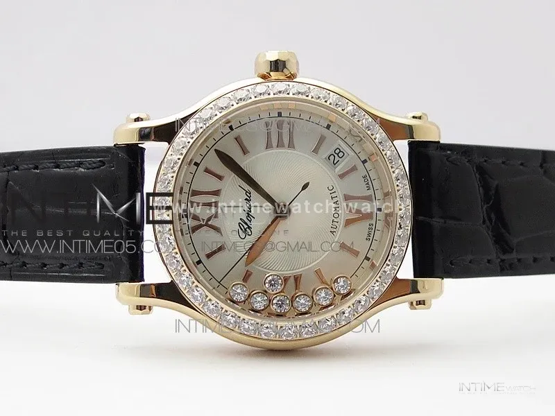 HAPPY SPORT AUTOMATIC RG 36MM CRYSTAL YYF 1:1 BEST EDITION WHITE DIAL ON BLACK LEATHER STRAP A2892