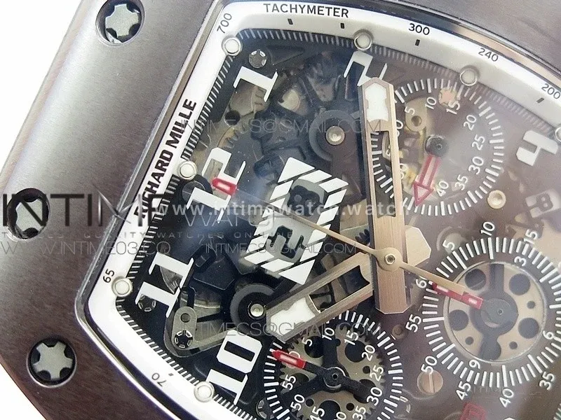 RM011 RG Case Chronograph KVF 1:1 Best Edition Black Ceramic Bezel Skeleton Dial on White Rubber Strap A7750