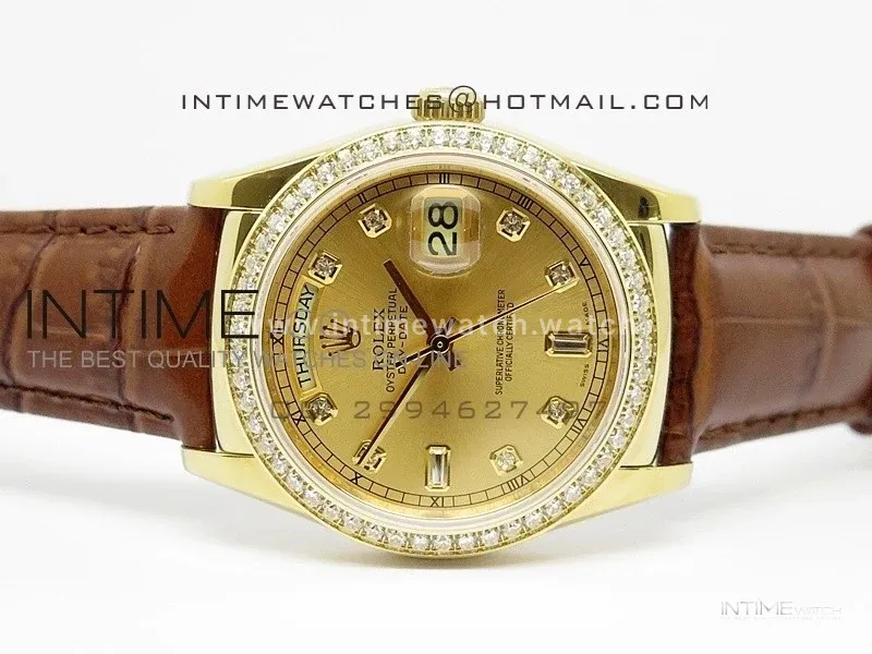 DayDate YG 36mm Gold Dial Diamond Bezel On Leather Strap