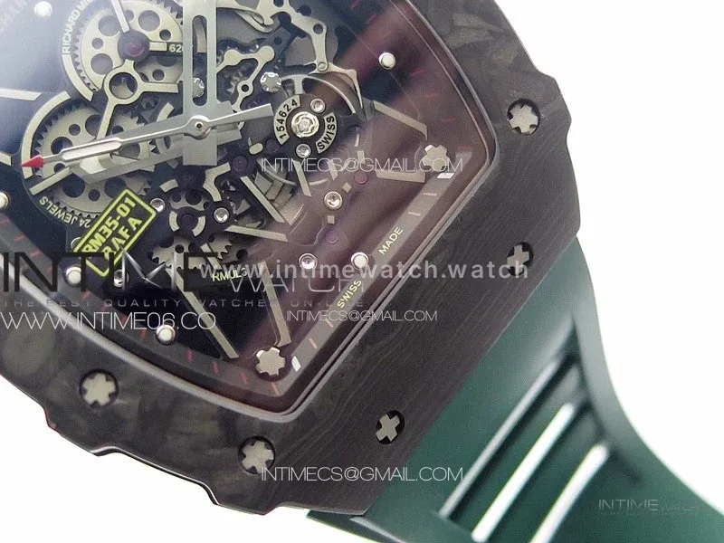 RM035-01 Forged Carbon Case KUF Best Edition Black Crown on Green Rubber Strap MIYOTA8215