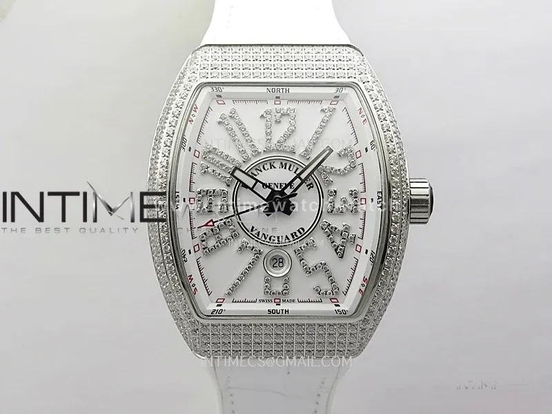 Vanguard V45 Full Diamonds ABF Best Edition White Dial Diamonds Markers On White Gummy Strap A2824