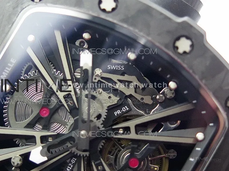 RM12-1 Real Tourbillon Forge Carbon KVF Best Edition Skeleton Dial on Black Rubber Strap