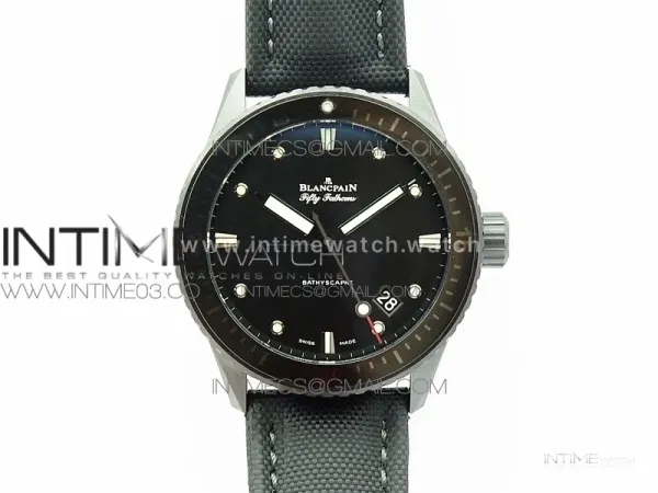 Fifty Fathoms Bathyscaphe Black Ceramic GF 1:1 Best Edition Black Dial on Black Sail-Canvas Strap A1315 (Free Rubber Strap)