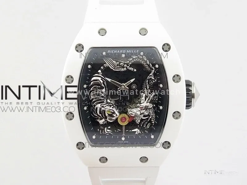 RM051 Real White Ceramic Case KVF Best Edition Skeleton Dial on White Rubber Strap MIYOTA8215