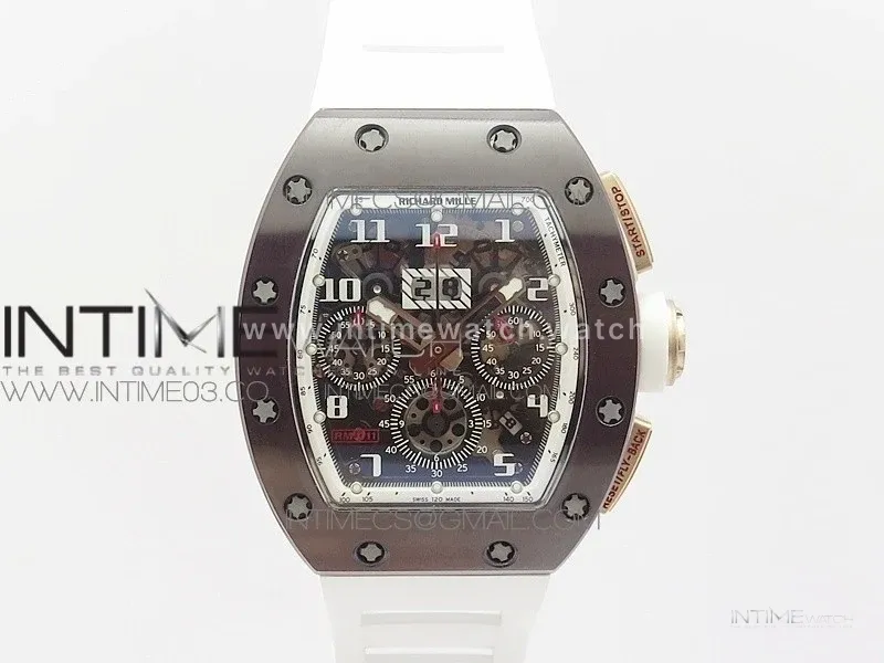 RM011 RG Case Chronograph KVF 1:1 Best Edition Black Ceramic Bezel Skeleton Dial on White Rubber Strap A7750