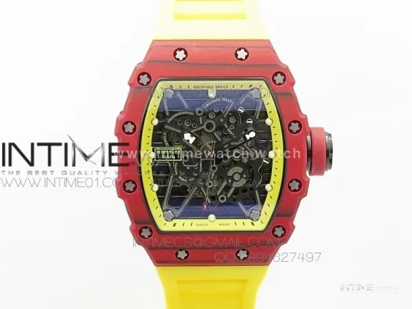 RM 035-2 Red Forged Carbon Yellow Inner Bezel Skeleton Dial on Yellow Rubber Strap MIYOTA9015