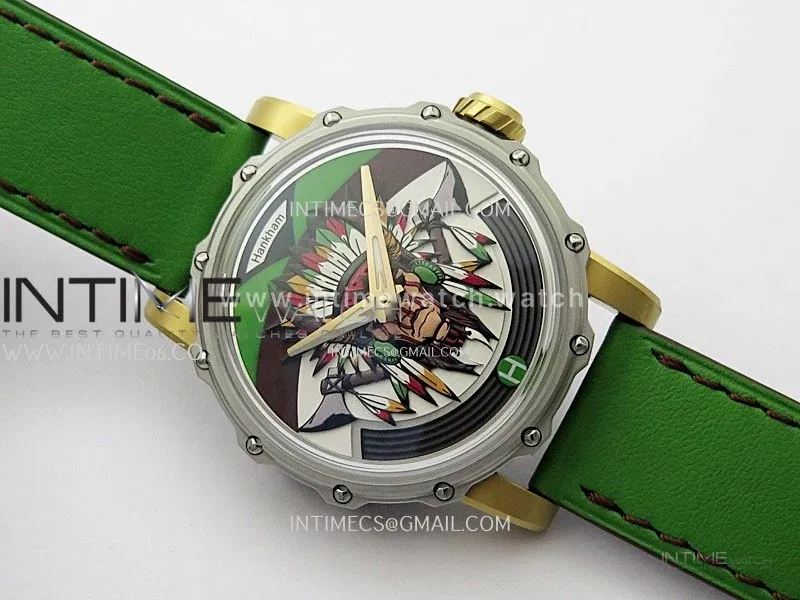 Hankham Indians Two Tone on Green Leather Strap MIYOTA 8215