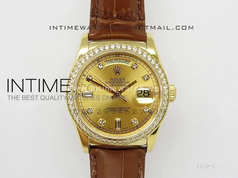 DayDate YG 36mm Gold Dial Diamond Bezel On Leather Strap