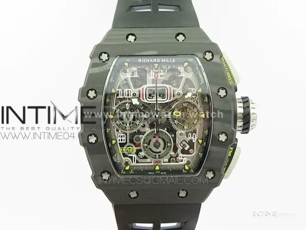 RM011 Carbon Case Chrono KVF 1:1 Best Edition Crystal Skeleton Yellow Dial on Black Rubber Strap A7750