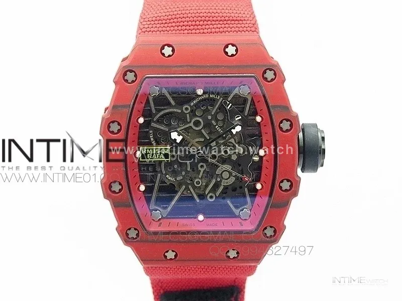 RM 035-2 Red Forged Carbon Red Inner Bezel Skeleton Dial on Red Nylon Strap MIYOTA9015