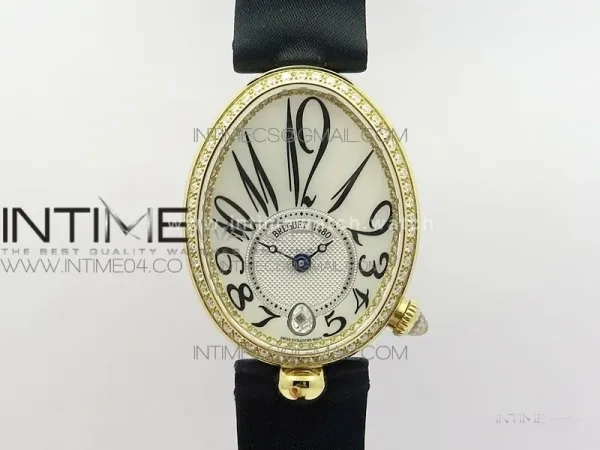 Reine de Naples 8918BB YG ZF 1:1 Best Edition White MOP Dial Diamonds Bezel on Black Fabric Strap A537