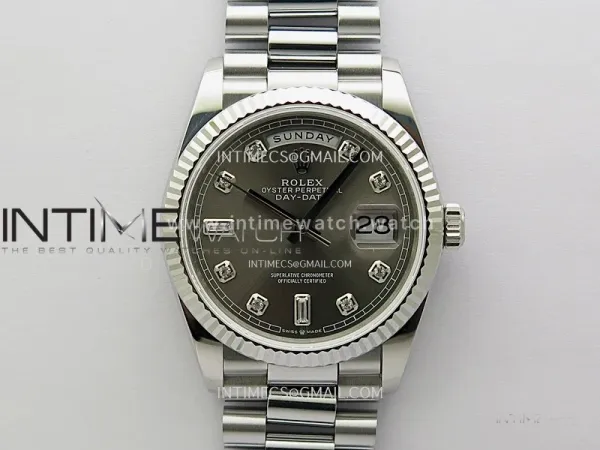 Day Date 128239 Gain Weight SS QF 1:1 Best Edition Gray Dial Diamond Markers on SS President Bracelet