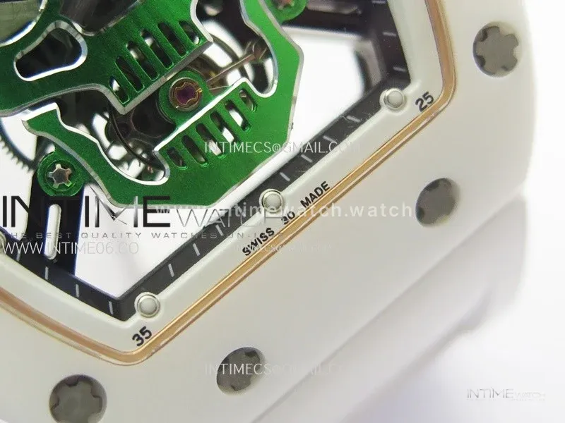 RM052 Skull White Ceramic/RG Real Tourbillon YSF Best Edition RG Skull Dial on White Rubber Strap