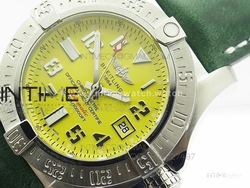 Seawolf SS 1:1 Best Edition SuperLumed Yellow Dial Number Markers on Green Leather Strap A2824(Super Thick Crystal)