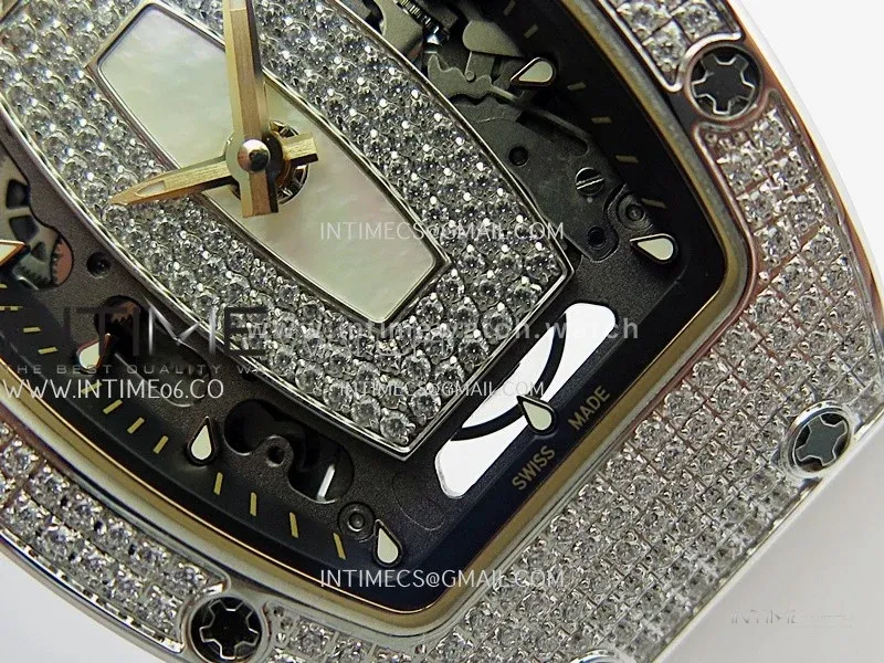 RM07 Full Paved Diamond SS ZF Best Edition White Diamond Skeleton Dial On White Rubber Strap Asian CRMA2 Clone