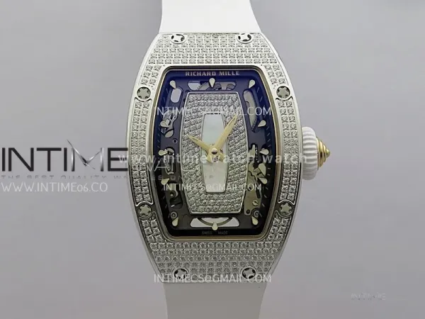 RM07 Paved Snowflake Cut Diamonds SS ZF Best Edition White MOP Diamond Skeleton Dial On White Rubber Strap Asian CRMA2 Clone