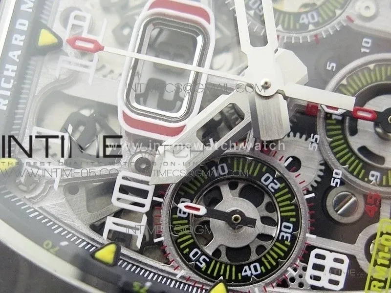 RM011 Carbon Case Chrono KVF 1:1 Best Edition Crystal Skeleton Yellow Dial on Blue Rubber Strap A7750 V2