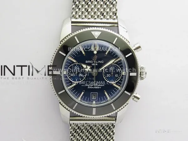 SuperOcean Heritage Chrono 42mm Black Ceramic Bezel B50 Blue Dial On SS Mesh Bracelet A7750