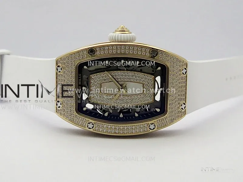 RM07 Paved Snowflake Cut Diamonds RG ZF Best Edition White MOP Diamond Skeleton Dial On White Rubber Strap Asian CRMA2 Clone