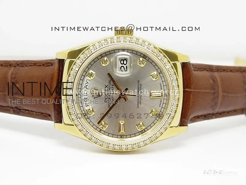 DayDate YG 36mm Silver Dial Diamond Bezel On Leather Strap