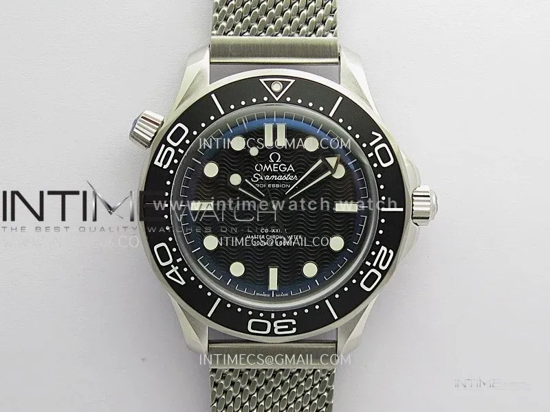 Seamaster 300M Diver 42mm SS ORF Best Edition Black Wave Texture Dial On Mesh Bracelet Super Clone 8806 (Free Rubber Strap)