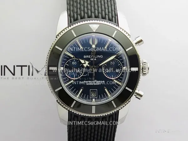 SuperOcean Heritage Chrono 42mm Black Ceramic Bezel B50 Blue Dial On Black Rubber Strap A7750